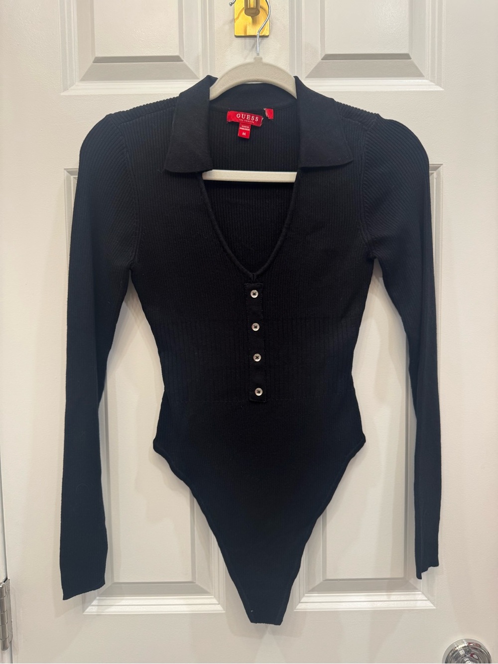 GUESS Black Ribbed Knit Long-Sleeve Collared Button-Front Bodysuit